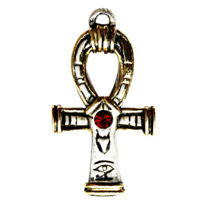 Pandantiv cu lantisor, placat cu argint, Amuletele Egiptului antic - Ankh cu cristal rosu 2.8 cm