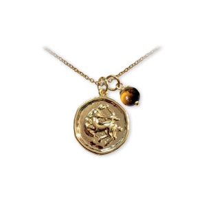 Pandantiv talisman auriu cu lantisor si sfera din piatra semipretioasa Ochiul Tigrului, semn zodiacal Sagetator