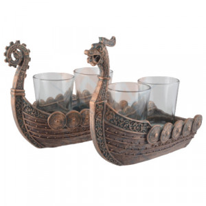 Set 4 pahare de shot/tuica din sticla cu suport Corabia Vikinga 31 cm finisaj bronz - Img 3