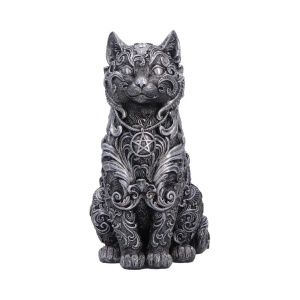 Statueta pisicuta argintie Hexbound Familiar – decor gotic fantasy, 23 cm