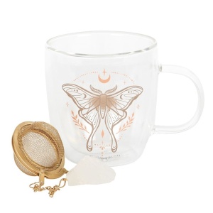 Cana din sticla cu pereti dubli cu infuzor de ceai cu cristal, Light Luna Moth - Img 3