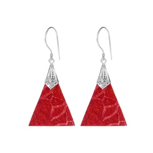 Cercei lungi din argint cu piatra semipretioasa Triunghiuri cu Filigran si Coral 4.3 cm
