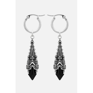Cercei Midnight Totem cu cristal negru si turn de catedrala gotica placati cu argint 925