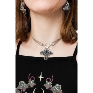 Colier Luna Moth Choker cu molie, cristal verde si semiluni placat cu argint 925 - Img 6