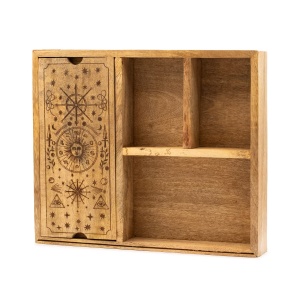 Cutie Tarot din lemn cu 4 compartimente si suport, simboluri astrologice, 33 cm