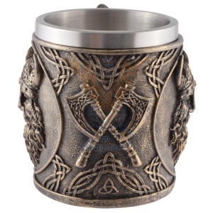 Halba finisaj bronz Viking cu topoare si cap de razboinic, 350 ml, cupa detasabila din inox - Img 3
