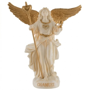 Mini statueta Arhanghelul Chamuel, finisaj alb marmura si auriu, 10 cm
