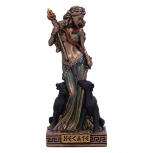 Mini statueta zeita Hecate  Zeita Hecate este o figura mitologica complexa, cunoscuta pentru rolurile sale diverse in mitologia greaca si romana. Ea este adesea reprezentata ca o zeita a magiei, a lumii de dincolo si a cunoasterii secrete. 