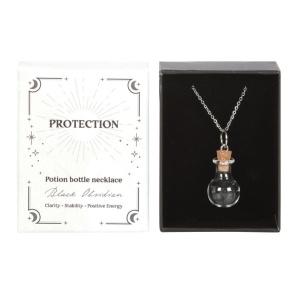 Pandantiv cu cristale de obsidian in sticluta, talisman pentru protectie, Obsidian Crystal Potion