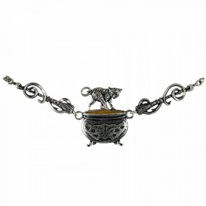 Pandantiv cu lantisor Witches Familiars - Pisicuta pe Cazanul Magic, placat cu argint, talisman pentru viclenie, 5.7 cm