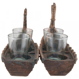 Set 4 pahare de shot/tuica din sticla cu suport Corabia Vikinga 31 cm finisaj bronz - Img 4