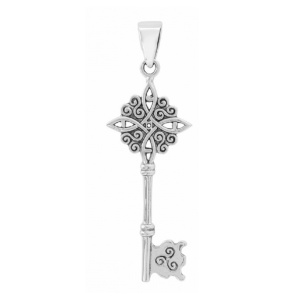 Talisman argint pentru protectie si cunoastere Cheie cu Nodul Vrajitoarelor si Triskelion 3.8 cm