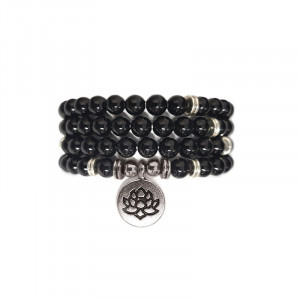 Colier / Bratara elastica din 108 sfere de Onix si charm placat cu argint Floare de Lotus - Perlele Eternitatii - Img 1