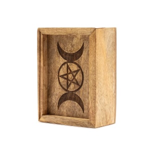 Cutie mica din lemn pentru Tarot cu suport pentru carte, Tripla Luna si Pentagrama