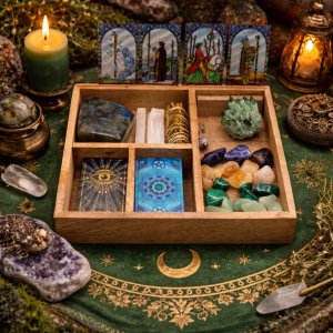 Cutie organizator din lemn pentru Tarot cu 4 compartimente si suport pentru carti, 33 cm - Img 3