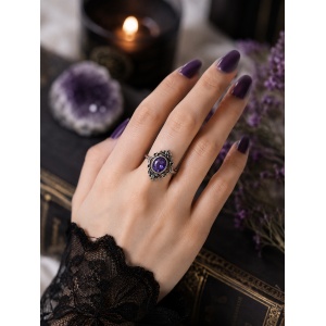 Inel otel inoxidabil cu zirconiu violet si flori gotice, 2 cm, Amethyst Flowers - Img 2