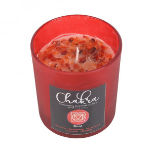 Lumanare cele 7 chakre cu bucatele de Agata de foc - Chakra radacinii (aroma capsuni)