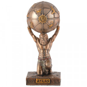 Mini statueta construita din rasina de culoarea bronzului reprezentand zeul grec Atlas, dimensiune 10 cm 