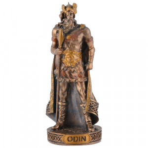 Mini statueta construita din rasina de culoarea bronzului reprezentand zeul nordic Odin, dimensiune 9 cm 