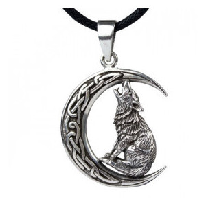 Pandantiv argint Lup urland la luna cu nod celtic 3cm