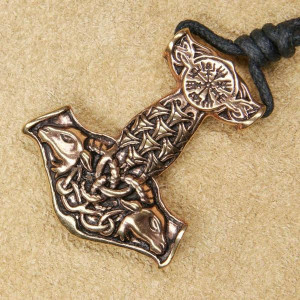 Pandantiv bronz Ciocanul lui Thor cu capete de berbec 4.3cm