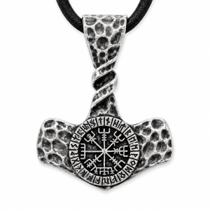 Pandantiv Mjolnir cu Vegvisir din inox, Etnox – ciocanul lui Thor pentru protectie si forta, 3.1 cm
