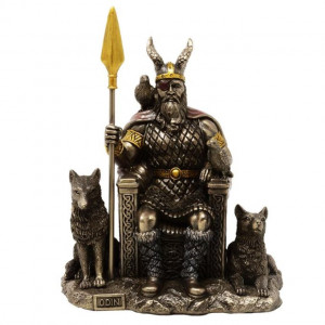 Statueta rasina si bronz, mitologia nordica, Zeul Odin pe Tron 21 cm
