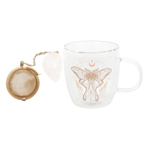 Cana din sticla cu pereti dubli cu infuzor de ceai cu cristal, Light Luna Moth - Img 5