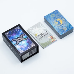 Carti de Tarot Moon Face cu ghid, 78 carti cu folie albastra - luna si simboluri magice