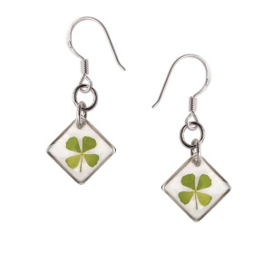 Cercei cu trifoi natural cu 4 foi – talisman pentru noroc, Romburi, 3 cm