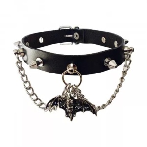 Choker de piele naturala Liliac cu Lanturi si Killer Studs 1.9cm