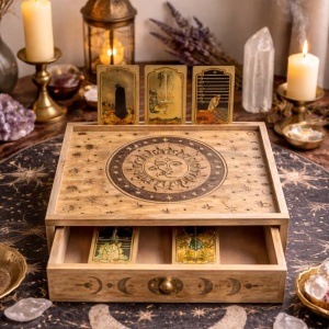 Cutie Tarot din lemn Soare si Luna cu sertar si suport pentru carti, 35.5 cm - Img 2