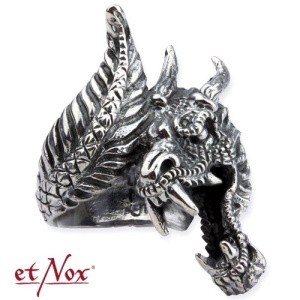 inel din otel inoxidabil cu un dragon dramatic cu falcile cascate