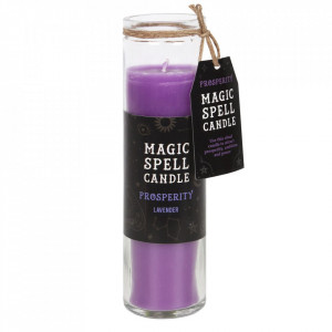 Lumanare din ceara prafina mov cu parfum de lavanda, in recipient de sticla de 21 cm. inaltime, cu eticheta neagra, pentru ritualuri de prosperitate