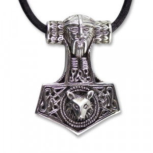 Pandantiv argint Ciocanul lui Thor cu cap de lup 3.2cm