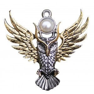 Pandantiv cu lantisor Bufnita Atenei, cristal sintetic alb, talisman pentru intelepciune, 4.5 cm