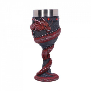 Pocal din rasina si interior din inox, cu model cu un dragon incolacit rosu pe un fundal negru, cu dimensiunea de 19 cm, Nemesis Now.