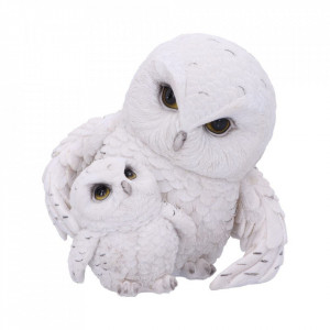 Statueta bufnita alba cu pui Familia cu pene 13.5 cm - Img 1