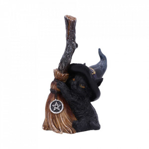 Statueta din rasina in forma de psica neagra cu palaria vrajitoarei pe cap, de culoare violet, ce sta agatata de matura vrajitoarei de culoare maro iar dimensiunea este de 11,5 cm, Nemesis Now. 