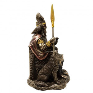Statueta rasina si bronz, mitologia nordica, Zeul Odin pe Tron 21 cm - Img 2