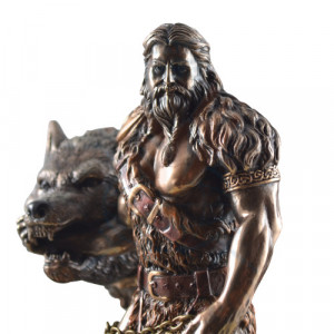 Statueta rasina si bronz, mitologia nordica, zeul Tyr insotit de Fenrir 25cm - Img 2