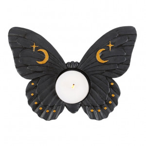 Ilumineaza camera cu acest incantator suport. Fabricat din rasina, acest suport elegant are un design cu molie complet cu detalii complicate si un finisaj negru adanc. Designul este completat de accente aurii de semiluna si stele, adaugand farmec ceresc d