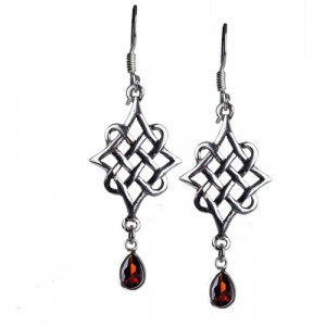 Cercei lungi din argint Elfish Knot cu zirconiu rosu 3.3cm