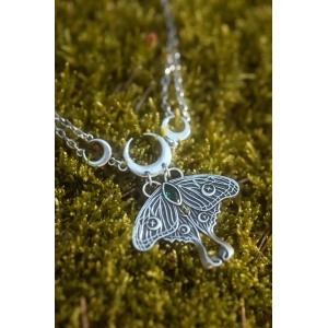 Colier Luna Moth Choker cu molie, cristal verde si semiluni placat cu argint 925 - Img 7