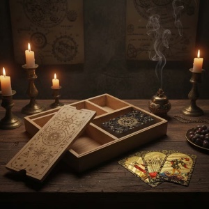 Cutie Tarot din lemn cu 4 compartimente si suport, simboluri astrologice, 33 cm - Img 2