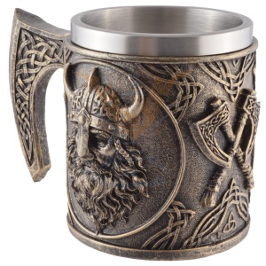 Halba finisaj bronz Viking cu topoare si cap de razboinic, 350 ml, cupa detasabila din inox - Img 4