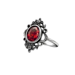 Inel din inox cu zirconiu rosu si flori gotice, 2 cm, Garnet Flowers