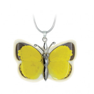 Pandantiv cu lantisor placat cu argint, Aripi de Fluture in rasina, galben - Img 1
