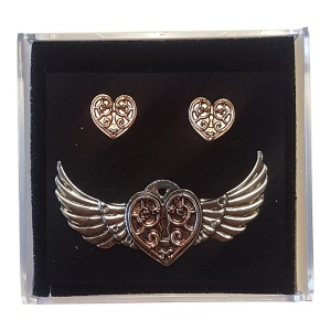 Set Brosa si Cercei steampunk Inima de Valkyrie talisman pentru o inima de razboinic, placat cu argint