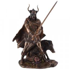 Statueta bronz si rasina, mitologie nordica, zeul prosperitatii Freyr 28 cm